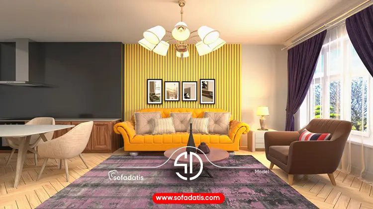 تأثیر الگو و طرح فرش بر ظاهر اتاق و ترکیب با مبل رنگ طلایی